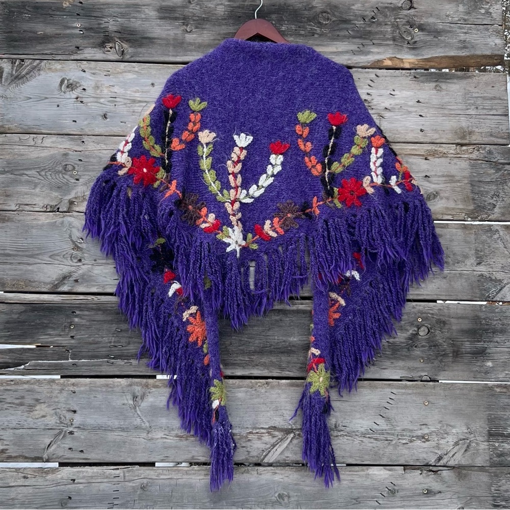 Perika Peruvian Trading Co. Handmade Purple Floral Knit Acrylic Fringe Shawl